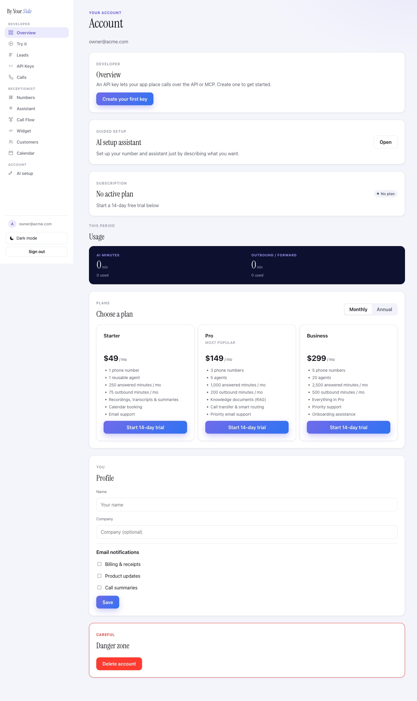 The By Your Side account dashboard Overview page