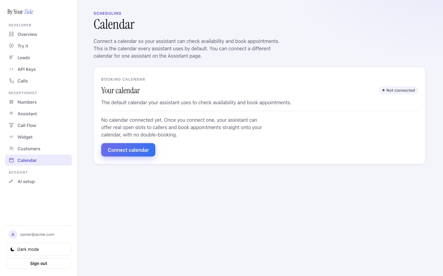 The Calendar page showing a connected booking calendar