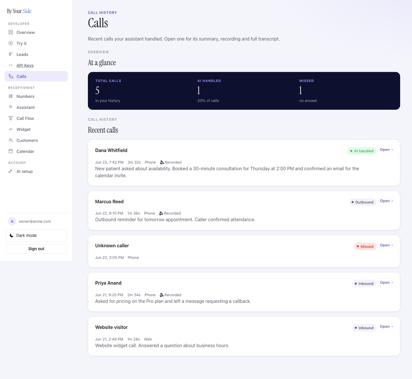 The Calls page showing the at-a-glance summary and recent calls