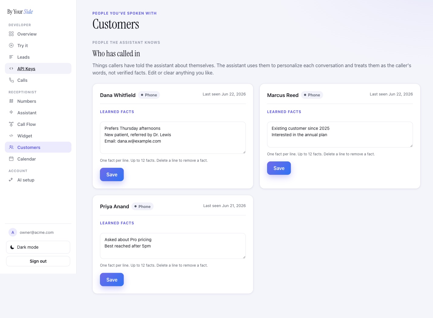 The Customers list of people the assistant has spoken with