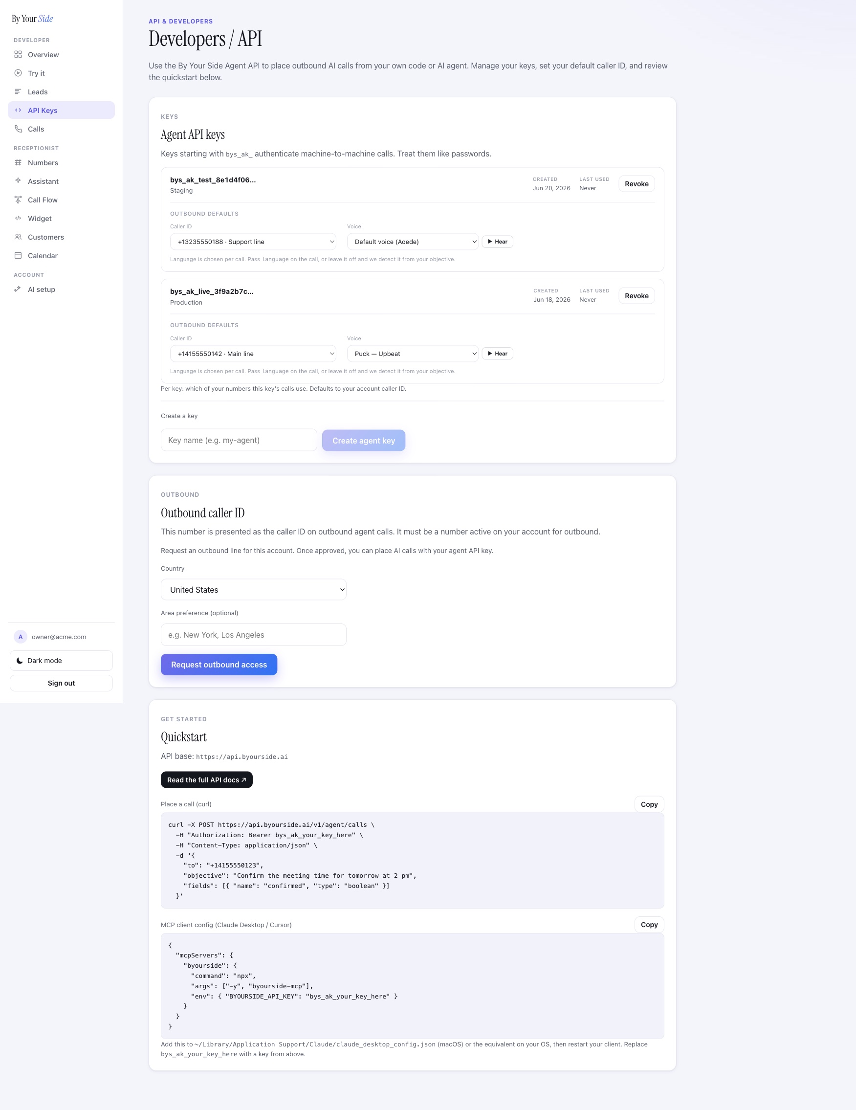 The Developers page in the account dashboard, where you mint API keys