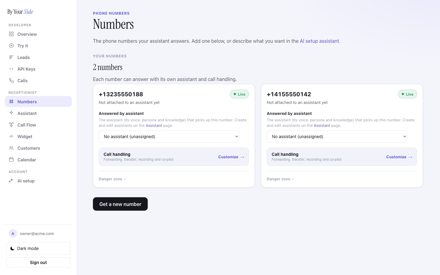 The Numbers page listing phone numbers with their assistant and call handling