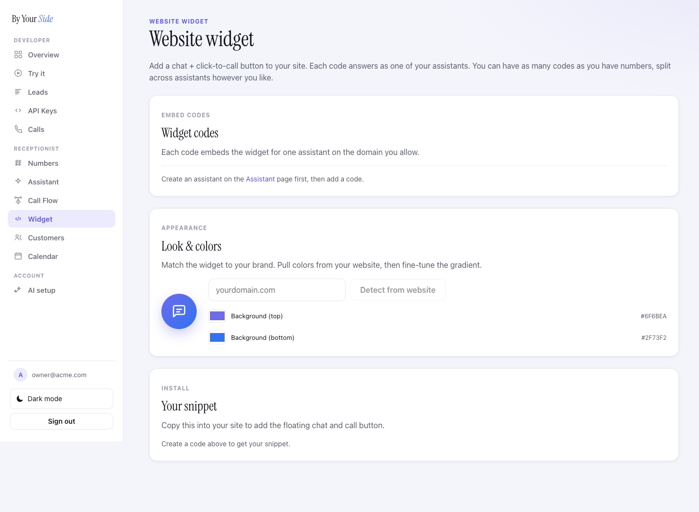 The Website widget page for creating embed codes, colors, and intake fields